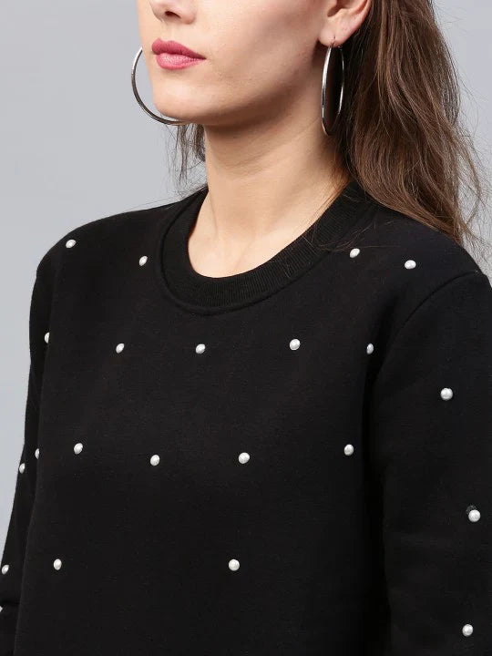 Black Pearls Beaded Sweatshirt For Women