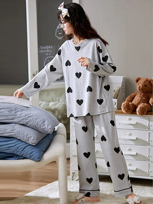 Grey Black Multi Hearts Printed Night Suit