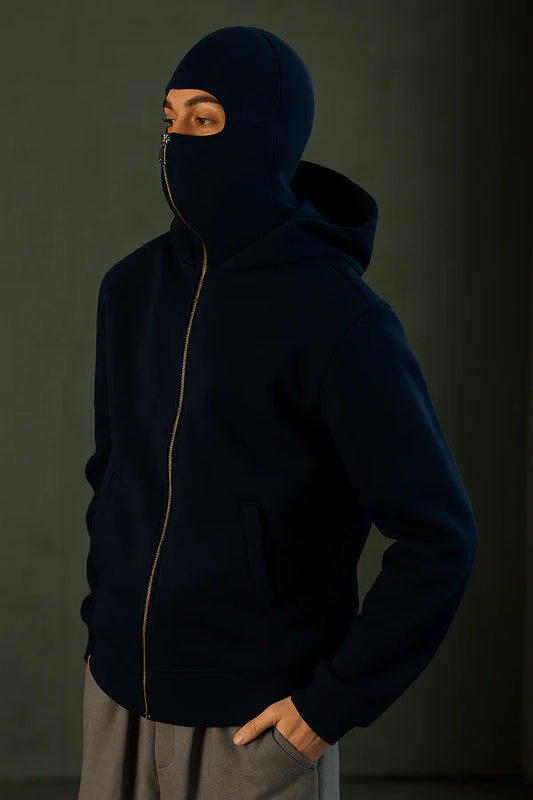 Navy Blue Balaclava Ninja Zipper Hoodie Jacket