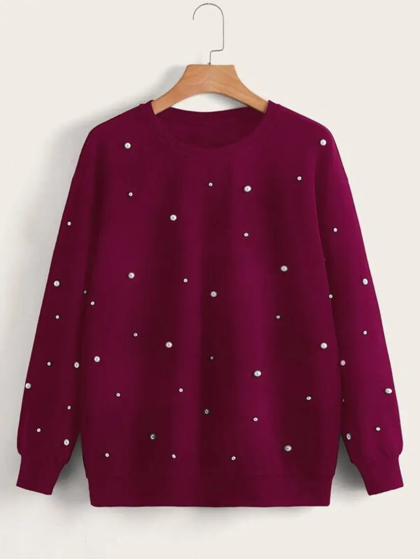 Maroon Pearls Beaded Sweatshirt For Women