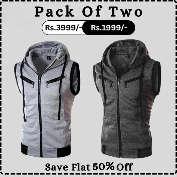 Grey With Charcoal Sleeveless Hooded Zipper Pack Of Two