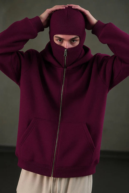 Maroon Balaclava Ninja Zipper Hoodie Jacket