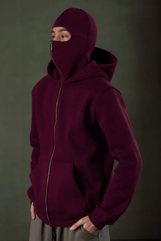 Maroon Balaclava Ninja Zipper Hoodie Jacket