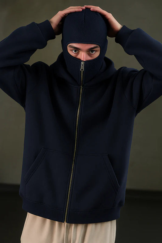 Navy Blue Balaclava Ninja Zipper Hoodie Jacket