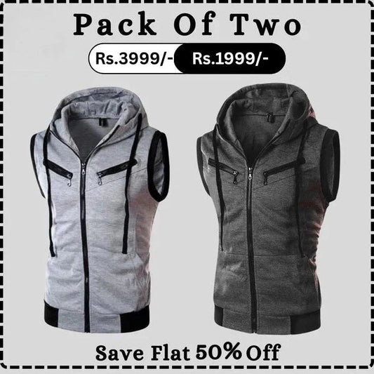 Grey With Charcoal Sleeveless Hooded Zipper Pack Of Two